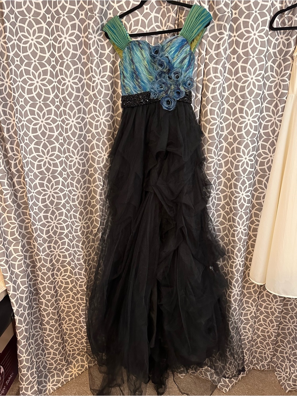 Maggie Sottero Black Tulle Gown w Teal-Blue Flower Bodice w Long Train, Size 4